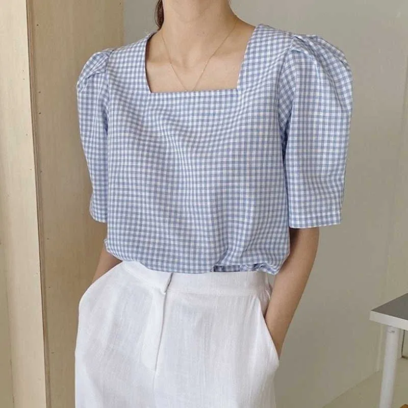 Korejpaa Women Blouses Korean Chic Summer Gentle Square Collar Plaid Fashion Loose-fitting Bubble-sleeved Female Shirt Top 210526