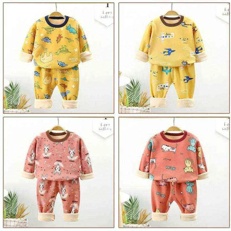 Pigiami bambini Inverno Set di abbigliamento bambini Pigiama in pile caldo ragazzi Addensare Dinosauro Ragazze Indumenti da notte Biancheria intima termica bambini 211109