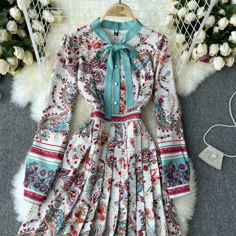 Luxus Europa Stil Frühling Herbst Elegante Frauen Bogen Langarm Vintage Floral Print Kleid Weibliche Urlaub Party Kleider 210428