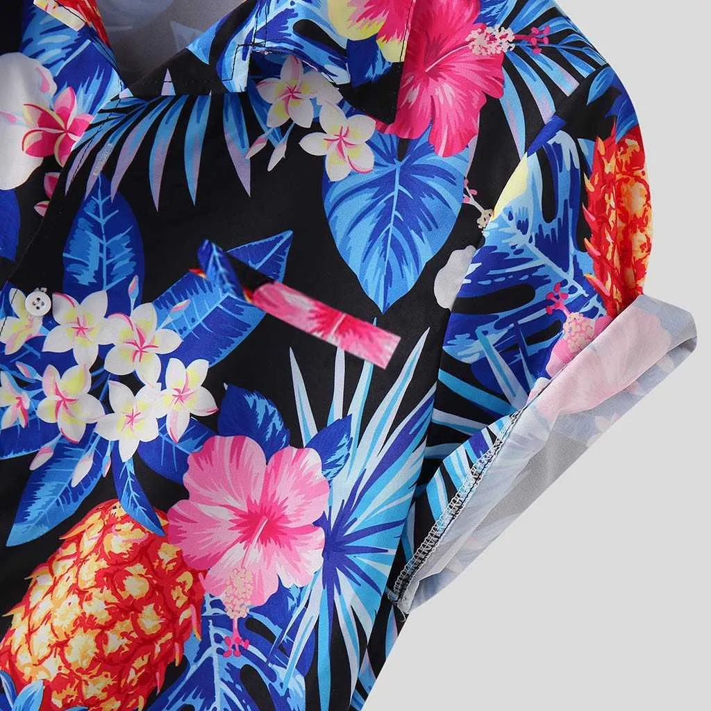 Hawaii Gömlek Erkek Ananas Bitki Baskılı Göğüs Cep Gevşek Işık Rahat Kısa Kollu Plaj Gömlek 210527
