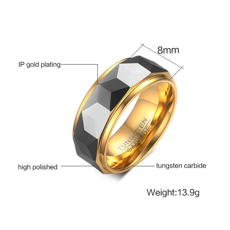 Inspirational Tungsten Gold Steel Jewelry 8mm Rhombus Polygon Carbide Men Wedding Ring 220309