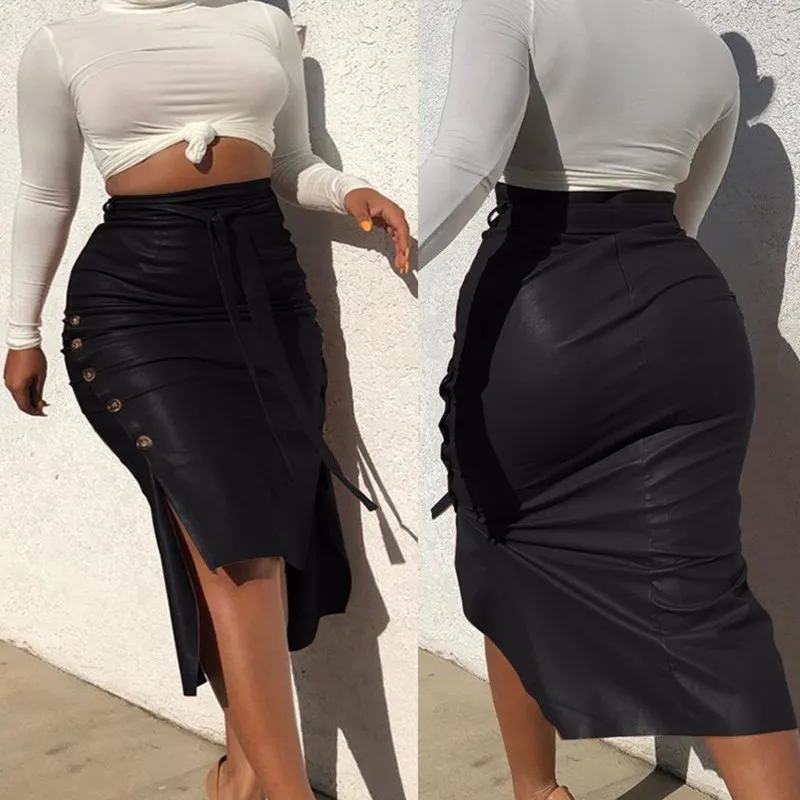 Женщины модный PU кожи MIDI юбка сплошной цвет высокой талией тонкий тонкий карандаш юбка для дамы уличная одежда Slim Mid-длиной юбка X0428