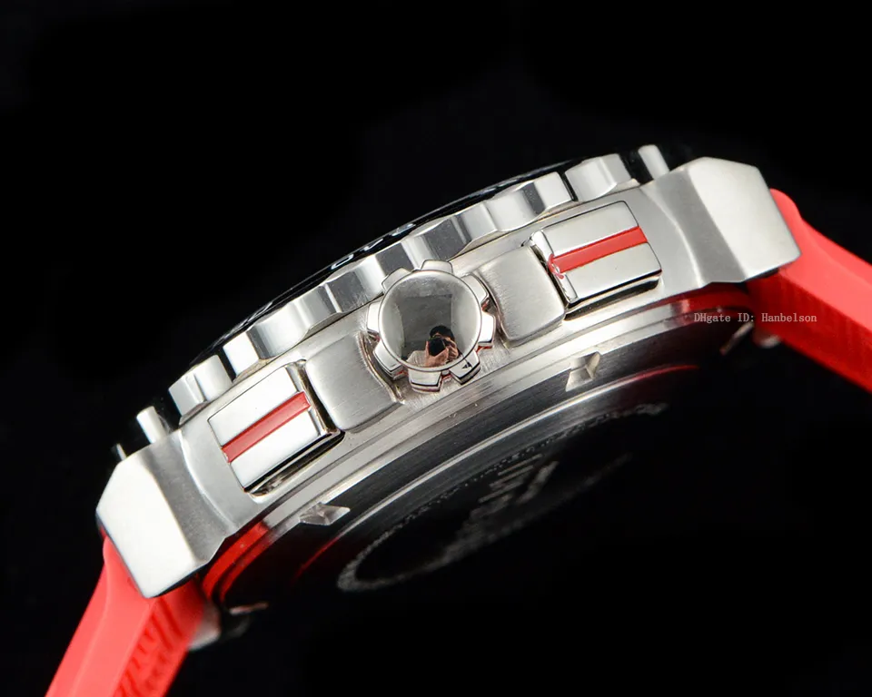 Montre de sport pour hommes Lunette en céramique Mouvement à quartz japonais Chronographe Cadran noir Montres-bracelets Boîtier en acier Bracelet en caoutchouc rouge hanbelson345z