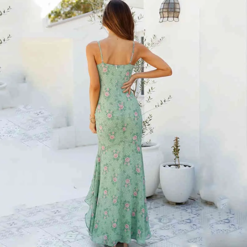 Summer Ruffles maxi dress for womens women's side wrinkle suspender beach dress holiday style long dress vestidos 210514