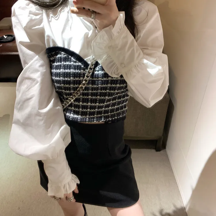 Nomikuma Ruffle Stand Neck Women Blouse Korean Fashion Puff Long Sleeve Shirt Patchwork Fake Two Pieces Blusa Top 6D778 210401