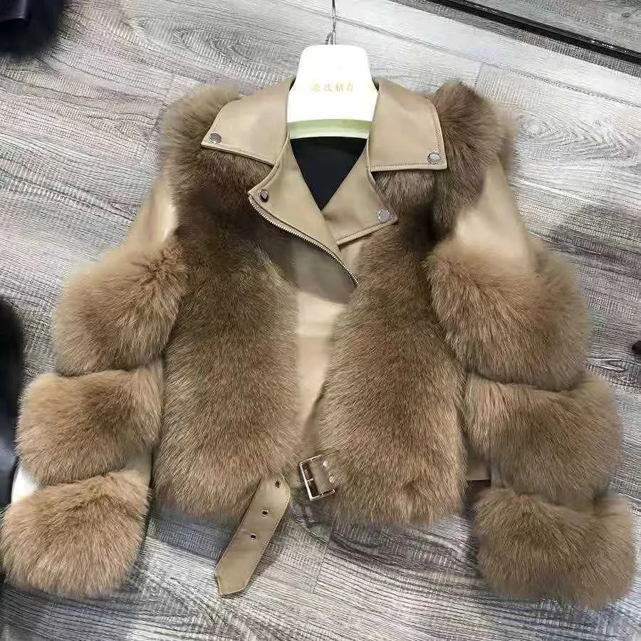 Women Faux Fur Coat with Fur Winter Fashion Motocycle Style Luxury Fur Leather Jackets Woman Trendy Overcoats 210817