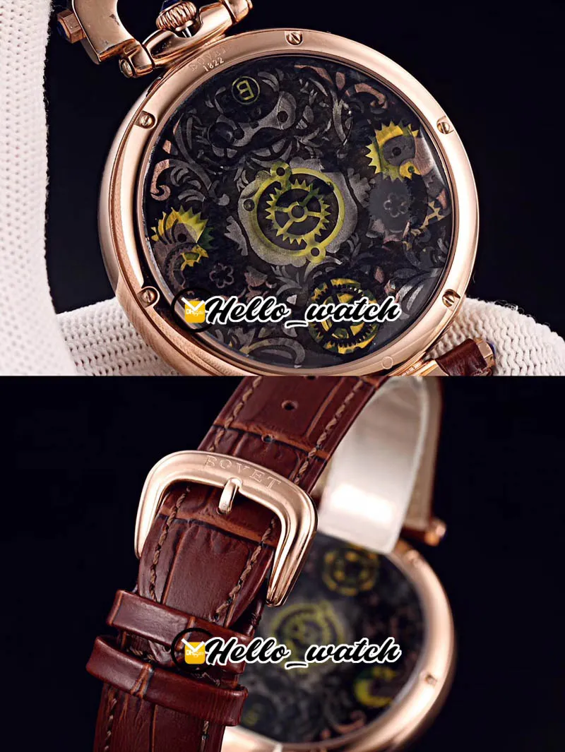 46mm bovet 1822トゥールビヨンアマデオフルーリーウォッチクォーツメンズウォッチスチールケースブラックスケルトンダイヤルレザーストラップhwbt hello watch251n