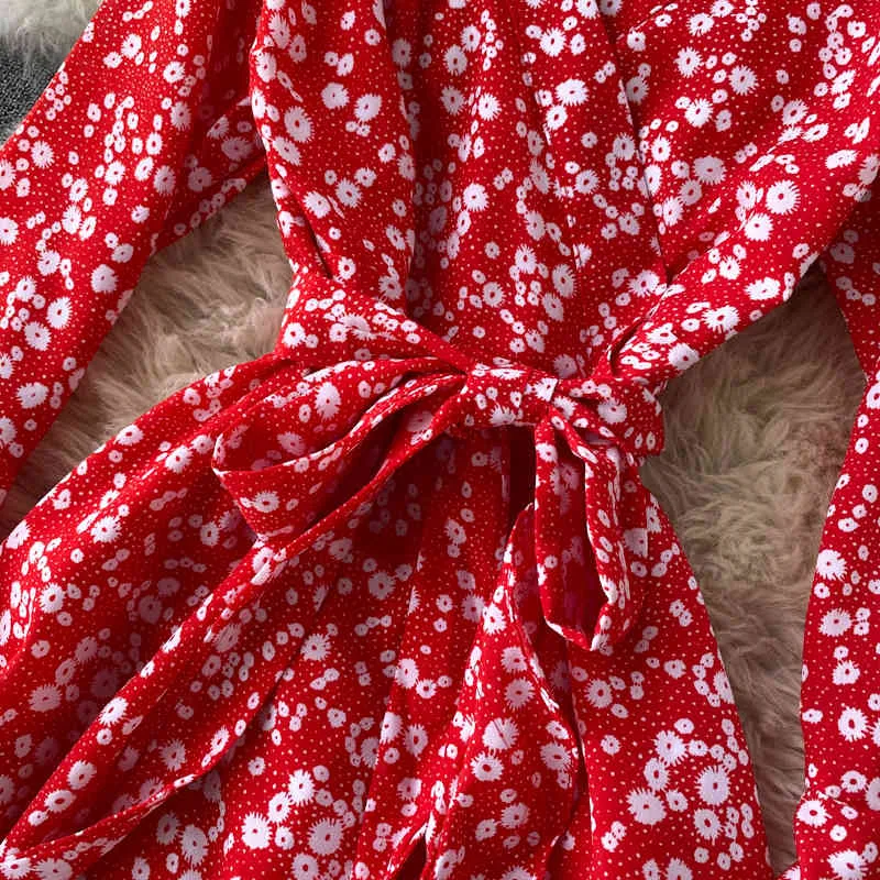 Jesienny styl drukowane damskie rękaw trąbkowy sznurowany cienki temperament V-Neck Nieregularna ruffled Dress UK710 210506
