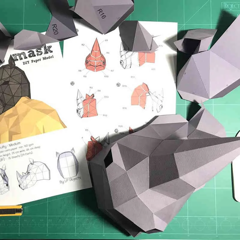 Косплей носорог Маска 3D бумажная бумага для взрослых масскими носимым хэллоуином ужасов Маска Костюм ЗАКАЖИ МУЖЧИНА