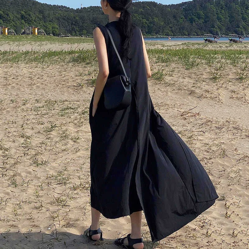 Moda coreana chic verano retro color sólido cuello redondo suelto color sólido chaleco irregular split vestido falda larga mujer 210526