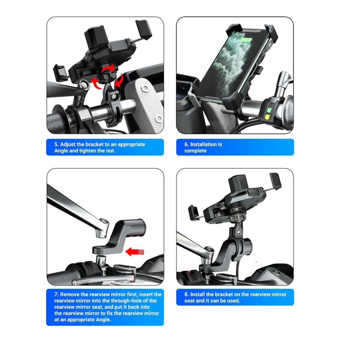 Motorcycle Phone Holder QC3.0 15W USB Smart Charger Wire Charing 2 in 1 Semiautomatic Stand 360 Degree Rotation Bracket Car