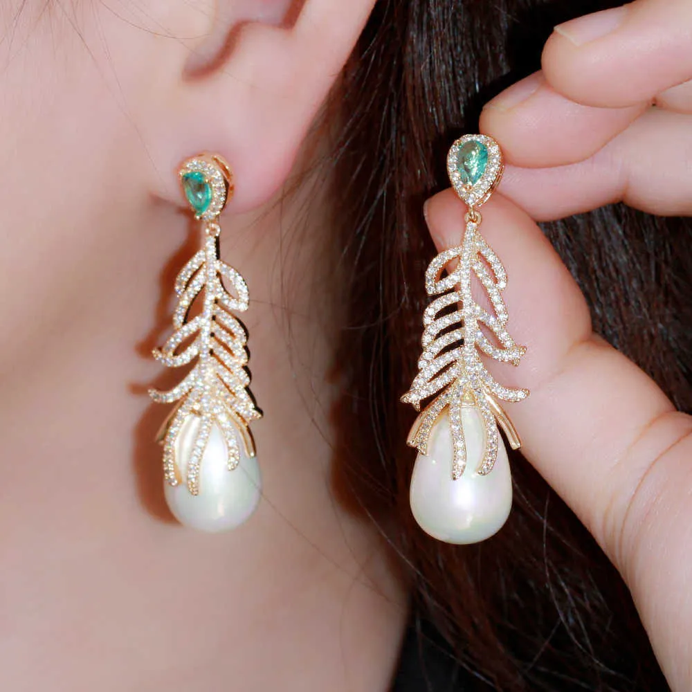 Design elegante Multicolor Cubic Zirconia ciondola lungo orecchini pendenti di perle le donne gioielli color oro partito CZ876 210714