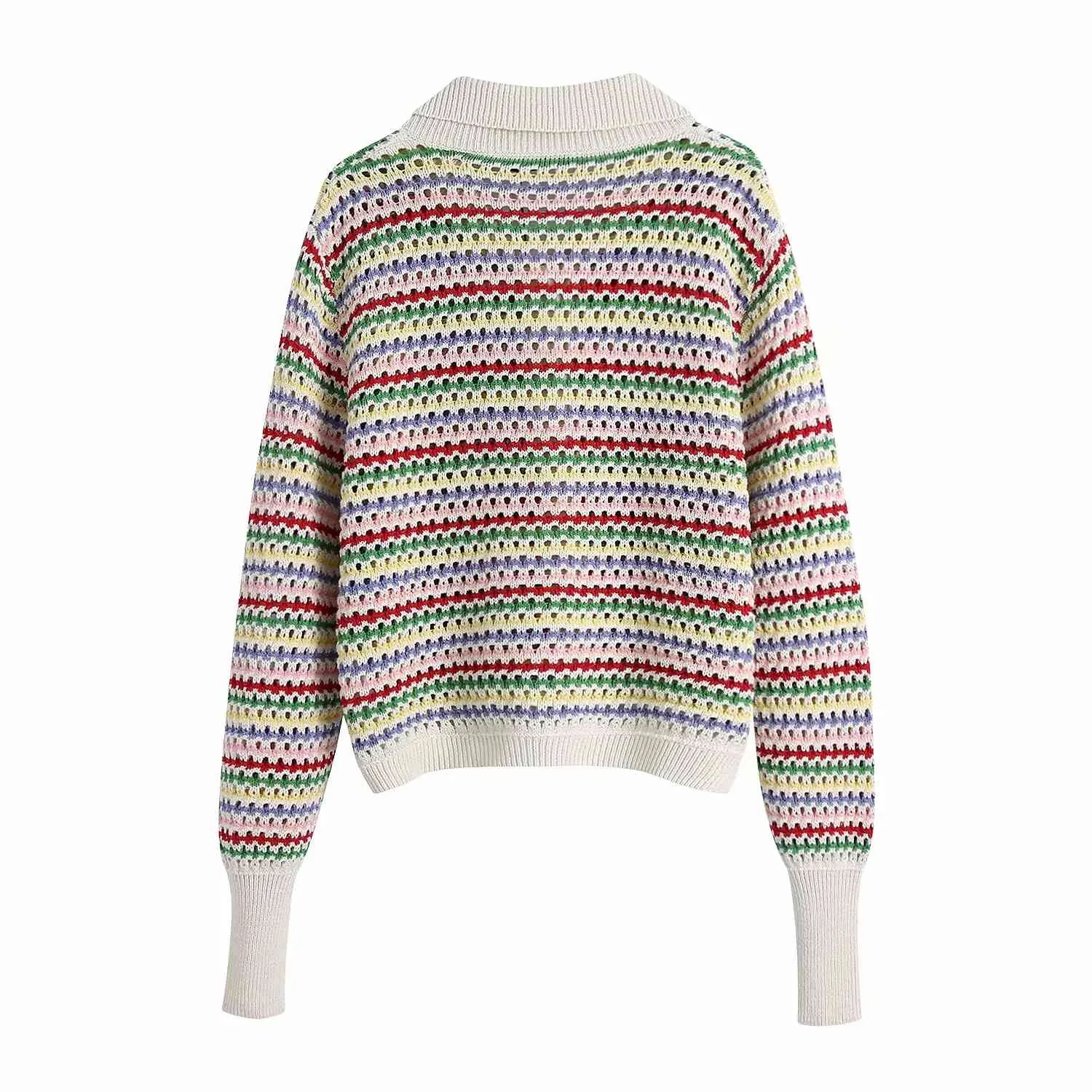 Mujeres elegante arco iris estampado a rayas ahueca hacia fuera suéter casual crochet punto cardigan abrigo femenino chic solo pecho jacquard 210521