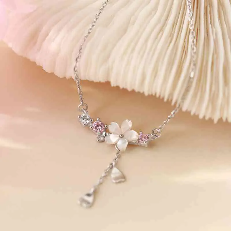 CIAXY 925 collares de circón con incrustaciones de plata esterlina para mujer, colgante romántico de flor de cerezo, gargantilla de cadena de clavícula, joyería de lujoUK3N {categoría}