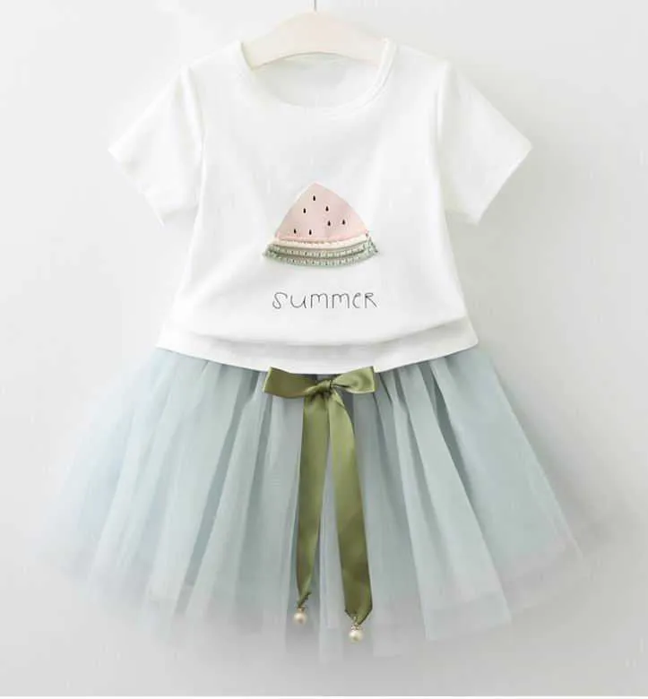 Розничная летняя девочка одежда комплекты арбуза напечатанная футболка + марлевая юбка из двух частей модные наряды детей E869 210610