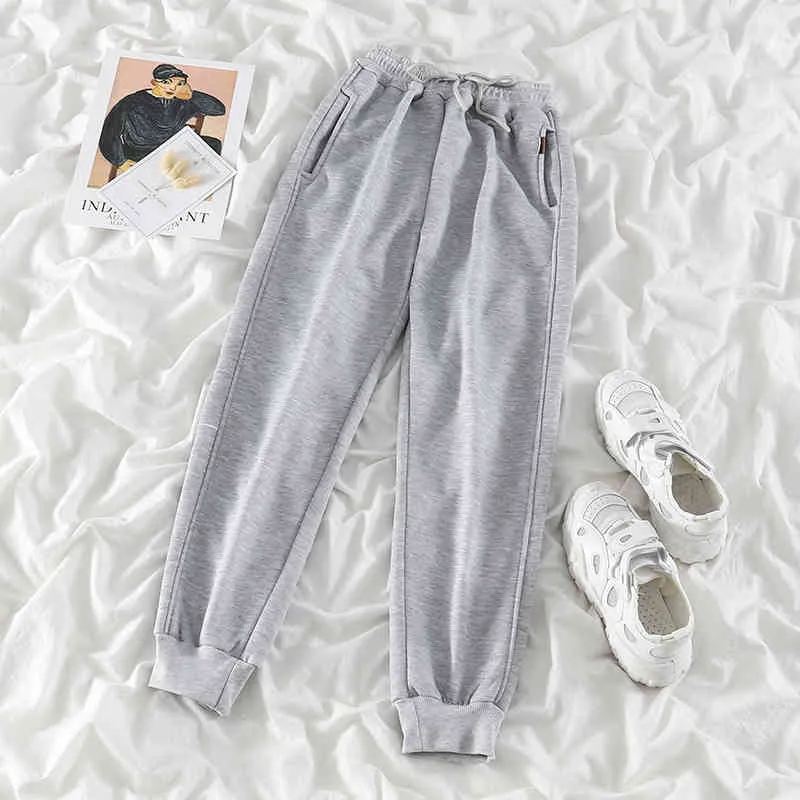 Neploe Autumn Winter All-match Casual Pants High Waist Loose Thick Sweatpants Solid Drawstring Double Pockets Trousers 210510