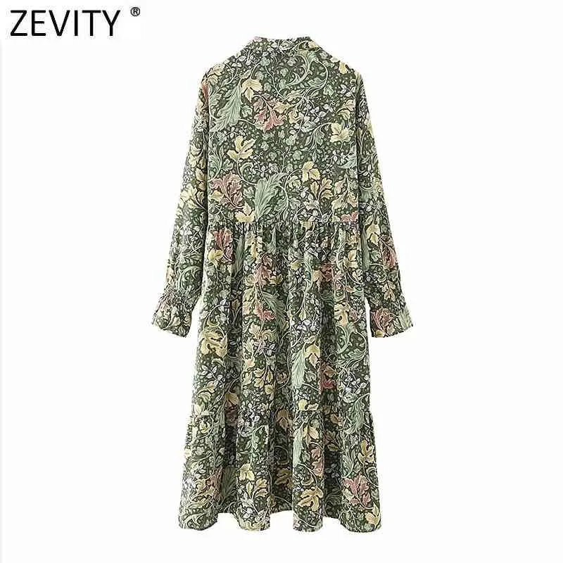 Frauen Vintage Floral Blätter Drucken Falten Grün Midi Hemd Kleid Weibliche Chic Flare Hülse Casual Kimono Vestido DS8185 210416