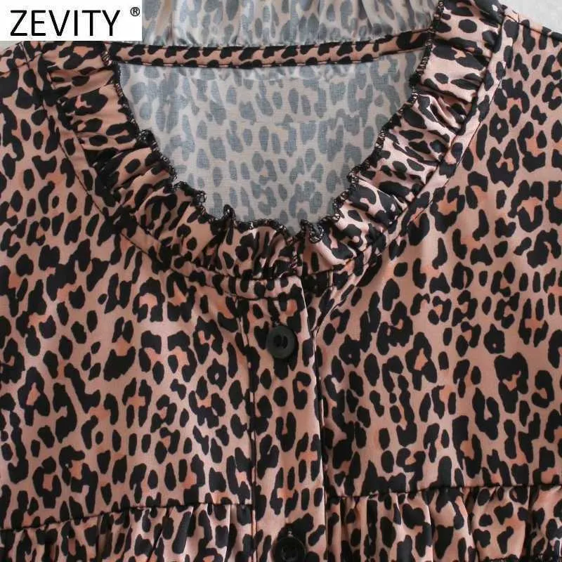 Zeefity Dames Vintage O Hals Agaric Kant Leopard Print Shirt Jurk Vrouwelijke Chique Lange Mouw Ruffles Party Vestido DS5041 210603