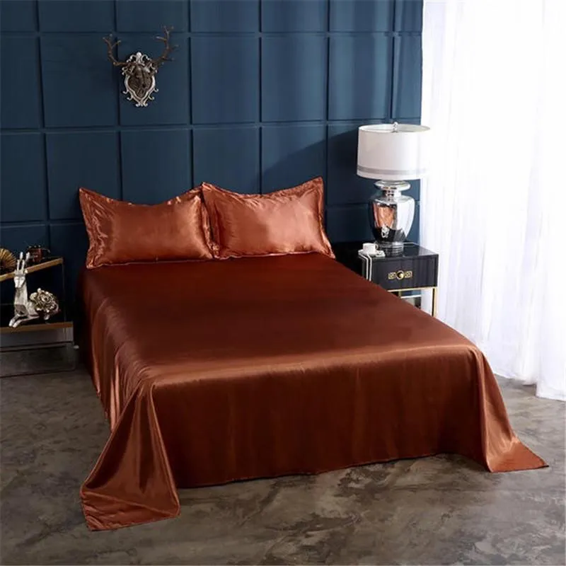 Ensembles de draps 18 couleurs luxe Satin soie plat ensemble de draps simple reine taille roi couvre-lit couverture lin Double complet Sexy266C