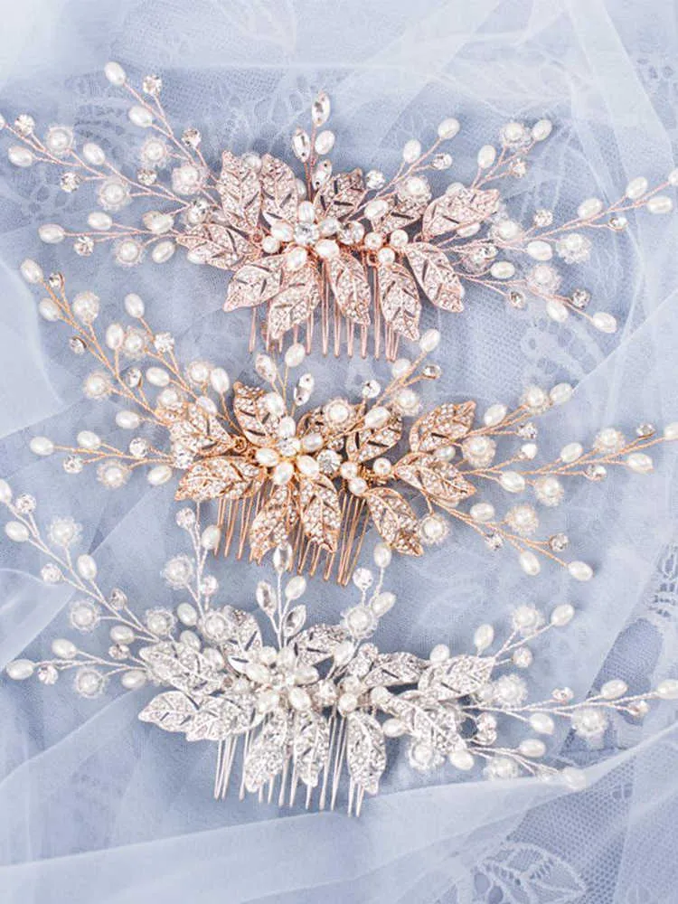 Trendiga bladpärla rosguld bröllop hår kammar tiara brud huvudstycke kvinnor huvud dekorativa smycken tillbehör 210707290x