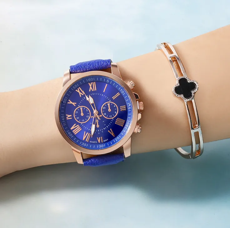 Модные женские часы с римским номером на циферблате, Ретро Женевские студенческие часы, женские кварцевые наручные часы с синим кожаным ремешком237o