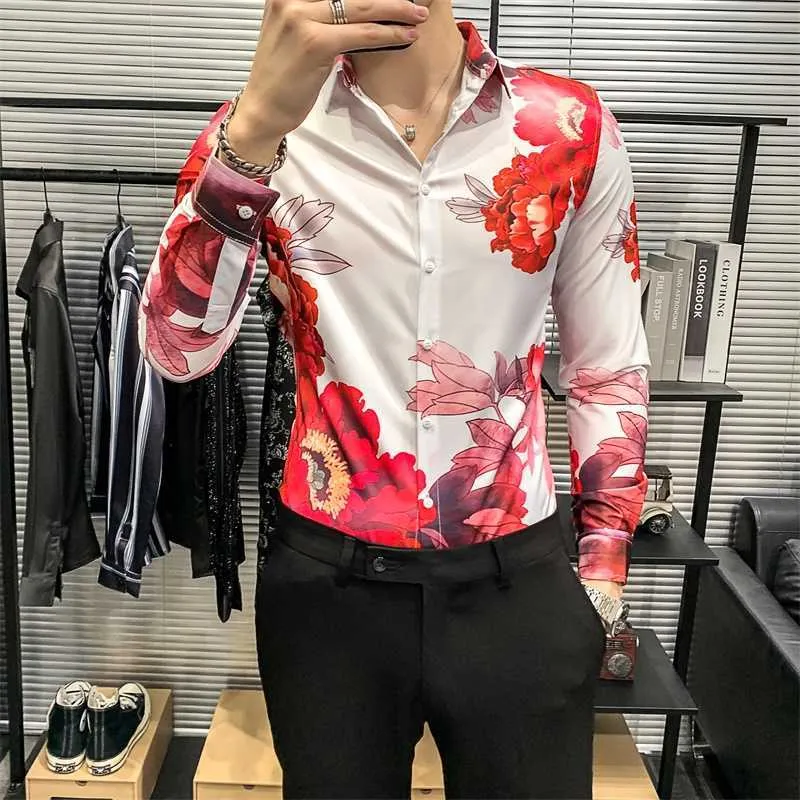 Bahar Erkekler Gömlek Anime Baskı Uzun Kollu Rahat Gömlek Streetwear Slim Fit Çiçek Elbise Gömlek Erkekler Giyim Camisa Masculina 210527