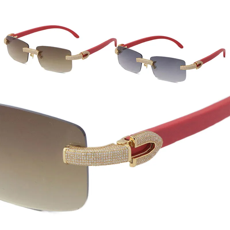 Nuevas gafas de sol de madera sin montura con diamantes micropavimentadas Gafas de madera rojas originales para hombre y mujer Oro de 18 quilates C Decoración Rocas de lujo Fra234w