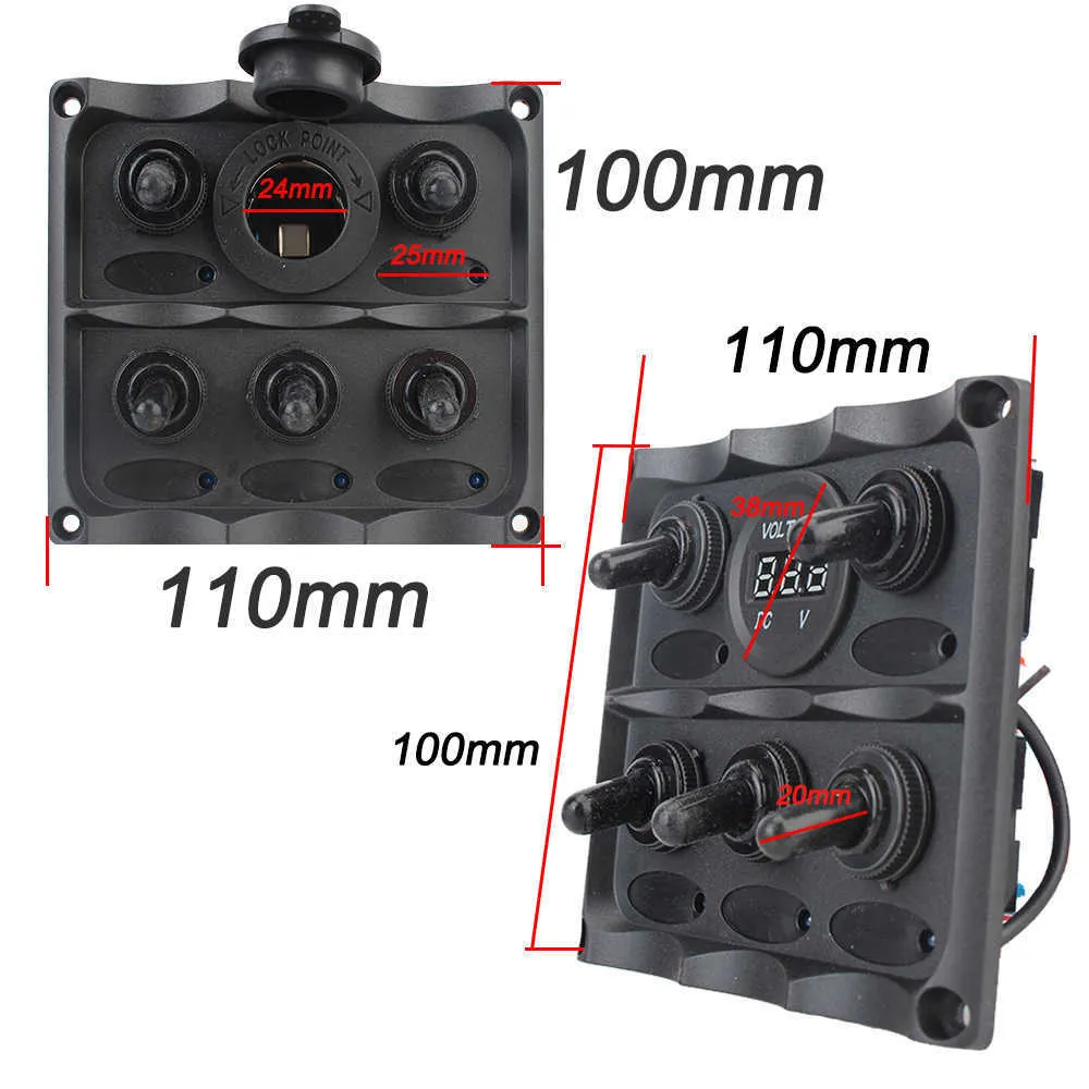 Auto Marine LED Rocker Switch Panel Circuit Breaker 5 Gang DC 12v Wasserdicht Voltmeter/Zigarettenanzünder Stecker