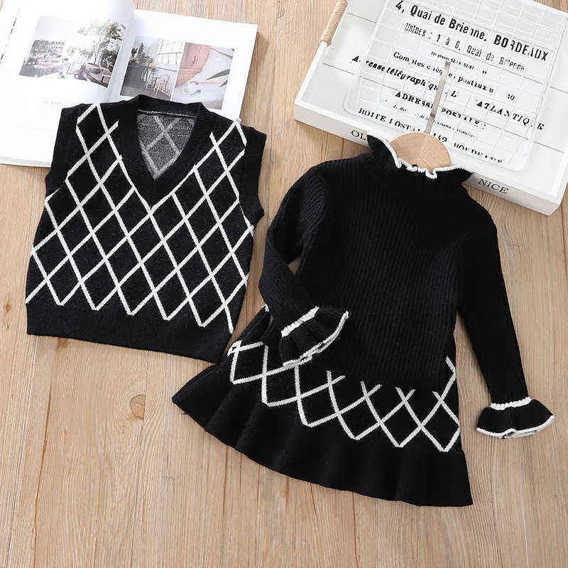 Fall Kids Clothes Knit Sweater Vest&long Sleeve Top&skirt Fashion Korean Little Girls Clothing Set Winter Warm Outfits G220310