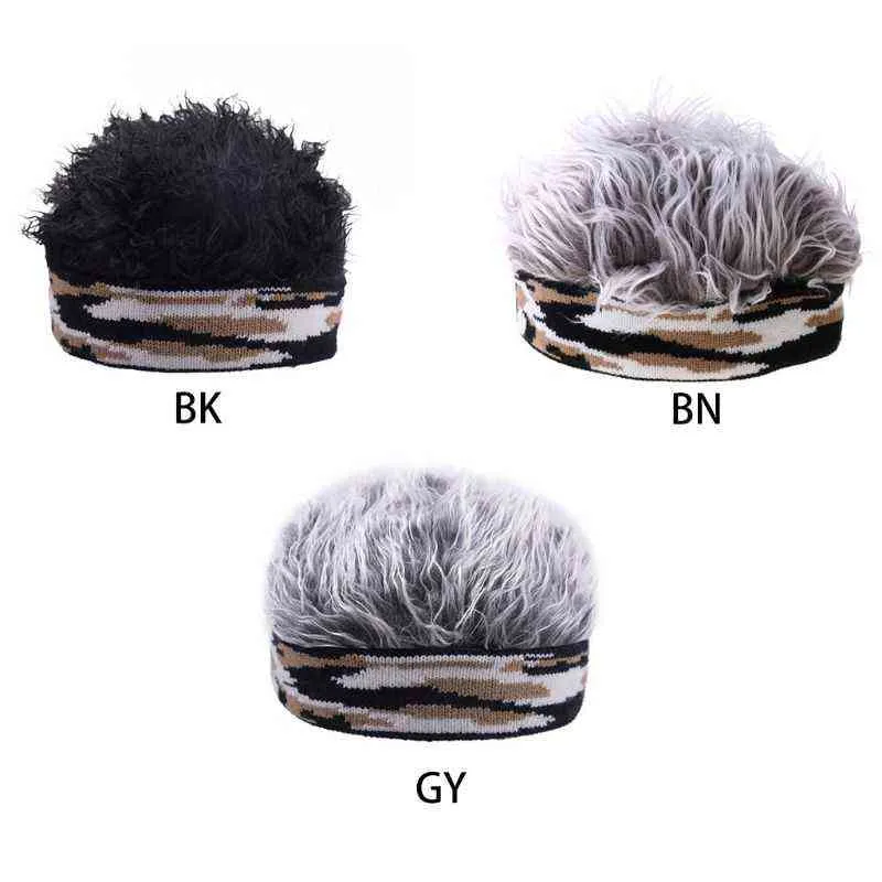 Hommes Femmes Perruque Courte Brimless Bonnet Chapeau Faux Cheveux Drôle Camouflage Tricoté Propriétaire Sailor Cap Stretchy Cosplay Props Y21111