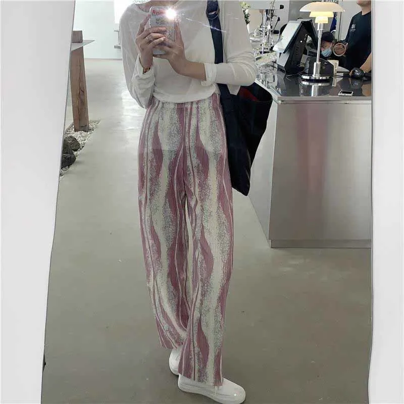 Wonder Tie Dye Pantaloni a gamba larga Pantaloni estivi Elastico a vita alta a coste larghe Streetwear coreano 210510