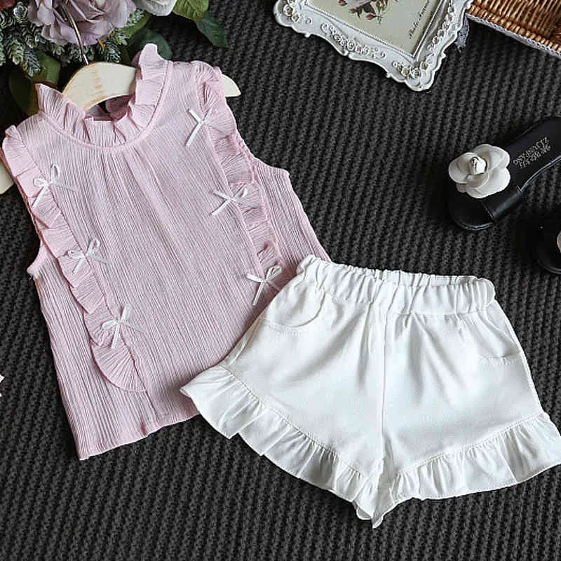 Summer Girls Odzież Set Bez Rękawów Koszula + Solid Color Shorts 2 sztuk Moda Dzieci Ubrania garnitur 210515