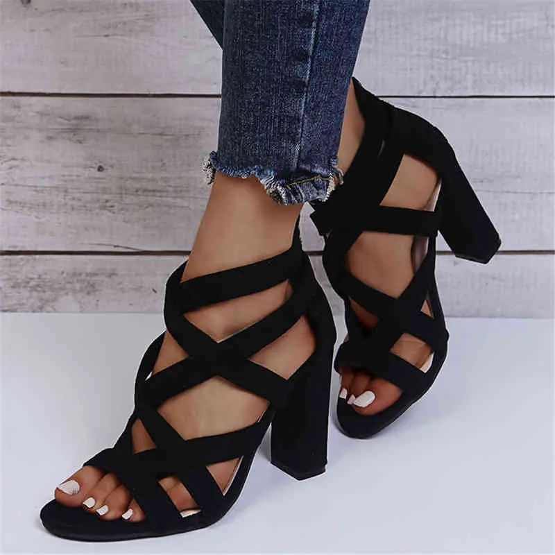 Chaussures habillées femmes pompes sandales été bout ouvert talons hauts bas bloc talon gladiateur fermeture éclair épais avec des cales Mules 220303