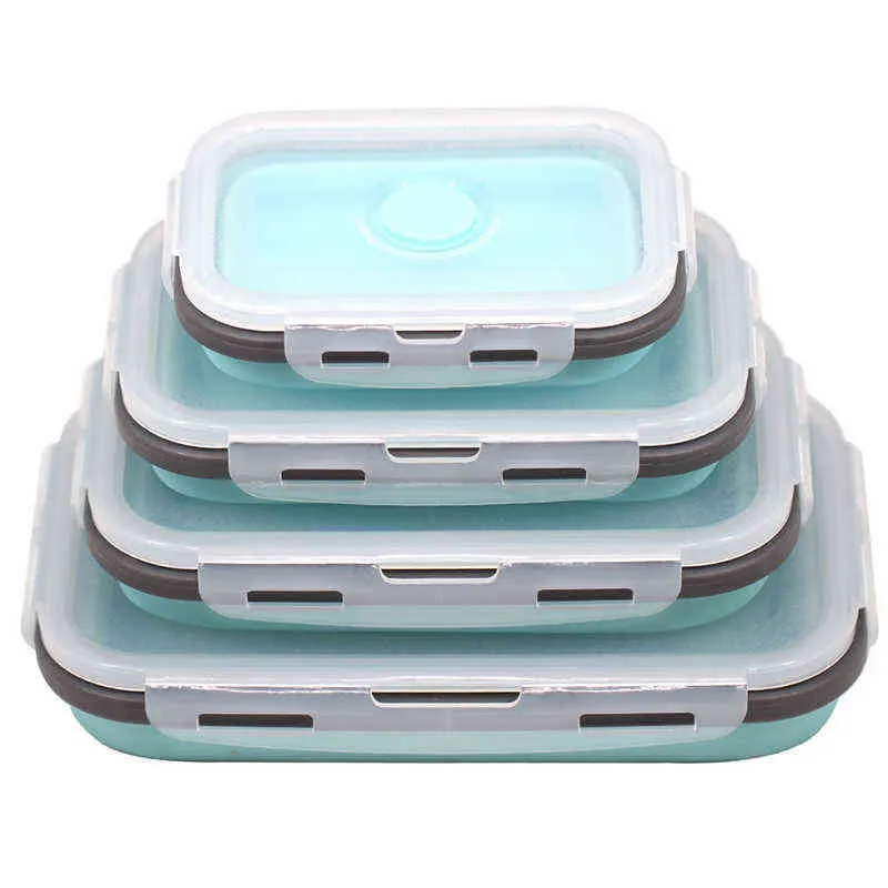 4 stks / set Silicone Rechthoek Lunchbox Inklapbare Bento Folding Food Container Bowl 300 / 500/800 / 1200ml voor servies 211104