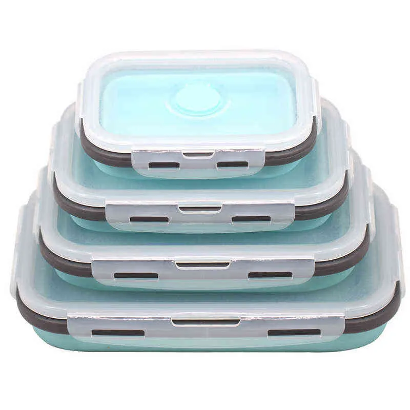 Silicone Rectangle Lunch Box Collapsible Bento Folding Food Container Bowl 300/500/800/1200ml for Dinnerware 211104