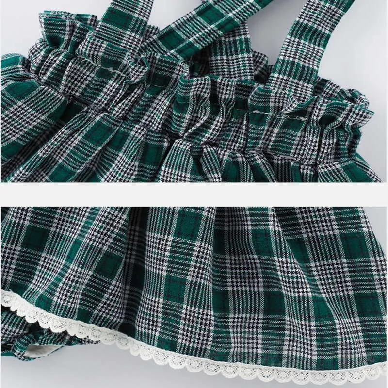 도매 봄 여자 2-PCS 긴 소매 활 피터 팬 칼라 탑 + 녹색 격자 무늬 드레스 귀여운 아이 의류 E9156 210610