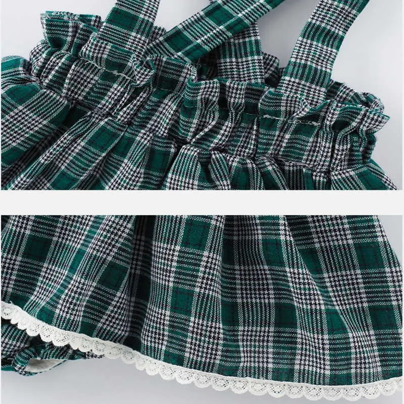 Partihandel Spring Girls 2-PCs Sets Långärmad Bow Peter Pan Collar Top + Grön Plaid Klänning Söt Kids Kläder E9156 210610