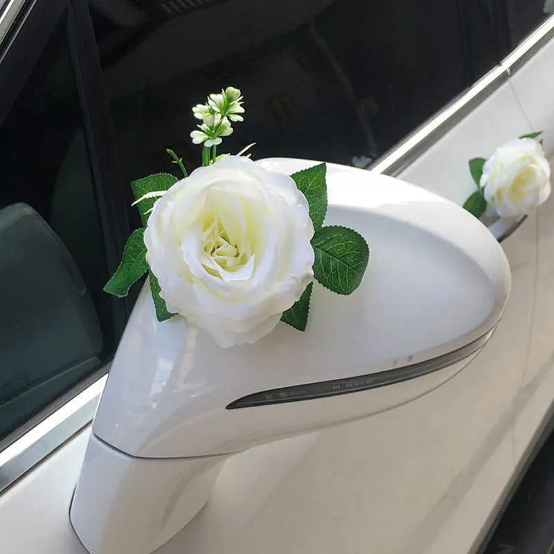 Fleur artificielle de rose blanche pour la décoration de voiture de mariage Décorations de voiture de mariée + rubans de poignée de porte Fleur de soie 210624