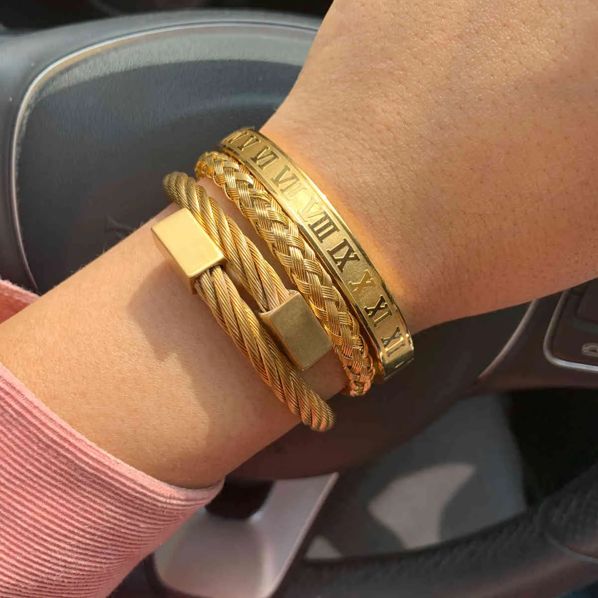 Set Royal Número Romano pulseiras pulseiras de aço inoxidável trança retângulo pulseira de luxo para homens jóias8835703