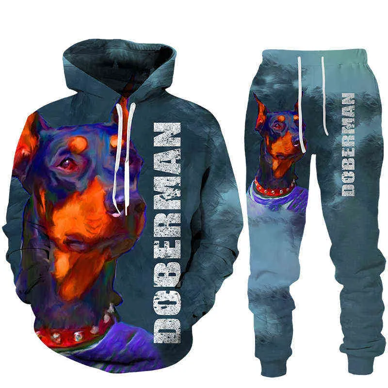 Autumn Winter 3D Doberman Printed Hoodies Sweatpants Men's Hooded Sweatshirt Sets Men's Sportswear Tracksuit Men's Clothing Suit G1217