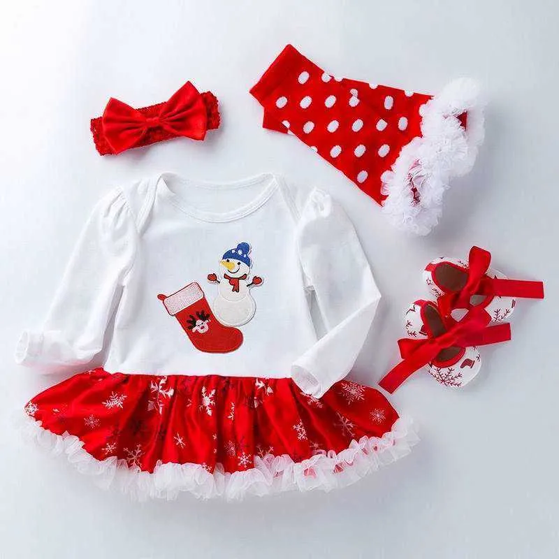 Baby meisje kerstjurk katoen 1ste verjaardag bodysuit + schoenen + sokken + hoofdband 4 stks sets kleding E2039 210610
