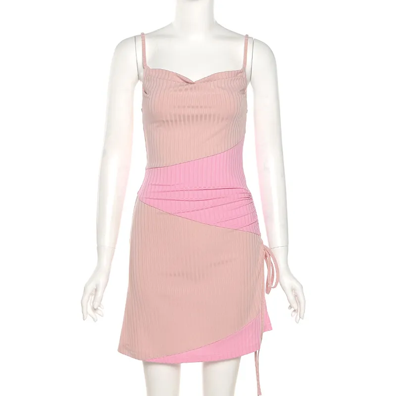 Sexy Ruched Sznurek Mini Dress Kobiety Bicolor Patchwork Paski Tank Sundress Summer Fairy Grunge Wakacje Y2K Odzież 210517