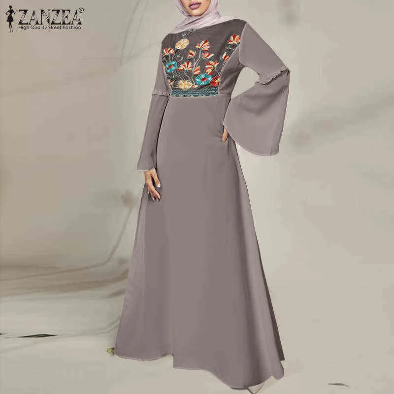 Frühling Floral Stickerei Sommerkleid Casual Lange Flare Hülse Frauen Muslimischen Abaya Kleid ZANZEA Elegante Rüschen Maxi Lange Vestido Y1204