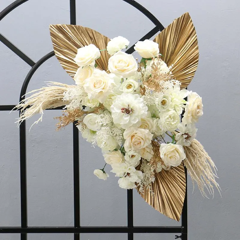 Flores decorativas grinaldas cor dourada natural seca pu leque folha arranjo de flores artificiais ao ar livre arco de casamento backdro255h