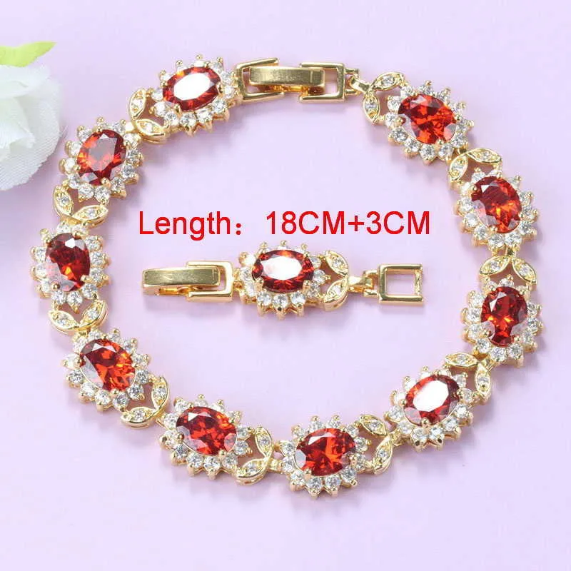 10-Colors Bridal Wedding Costume Red Garnet Charm Bracelet Necklace And Clip Earrings Brazilian Gold-Color Jewelry Set For Women H1022