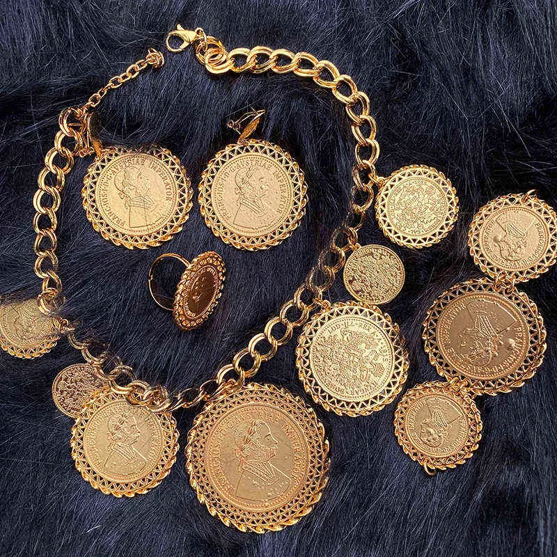 Монета ОжерельеСерьгаКольцоБраслет Дубай Ювелирные наборы для женщин Монеты золотого цвета АрабскийАфриканский свадебный Турция Свадебные подарки 211202299520