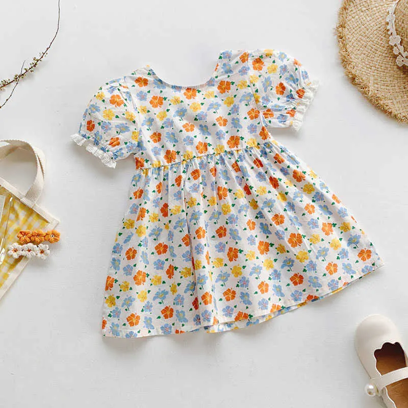 Sommer Mädchen Kleid Koreanische Stil Spitze Manschette Kanten Süße Blume Floral Prinzessin Baby Kinder Kinder Kleidung Für Mädchen 210625