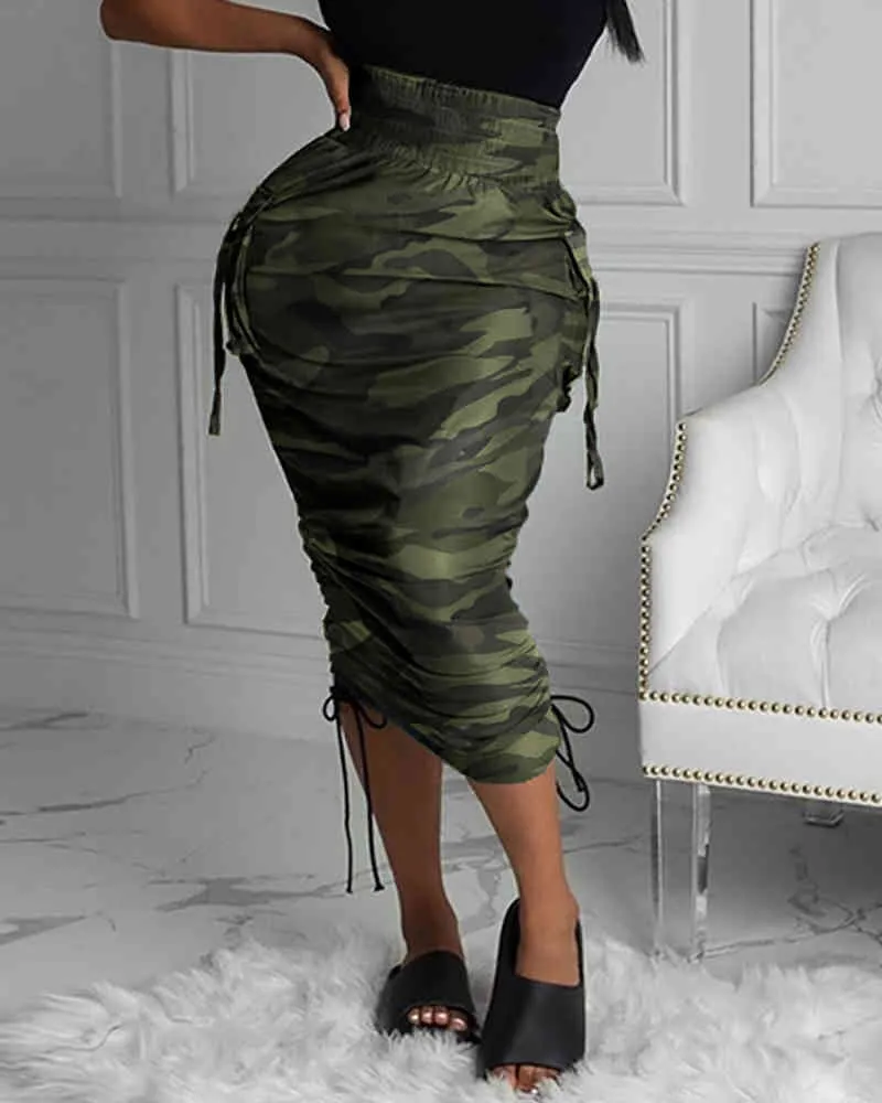 2021 Sexy Lente Herfst Vrouwen Camouflage Print Pocket Design Ruched Maxi Cargo Rok X0428