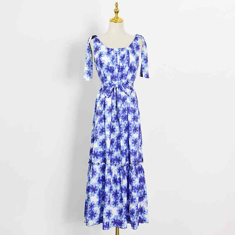 Robe bleue d'impression vintage pour femmes col carré sans manches taille haute fronde robes d'été mode féminine 210520