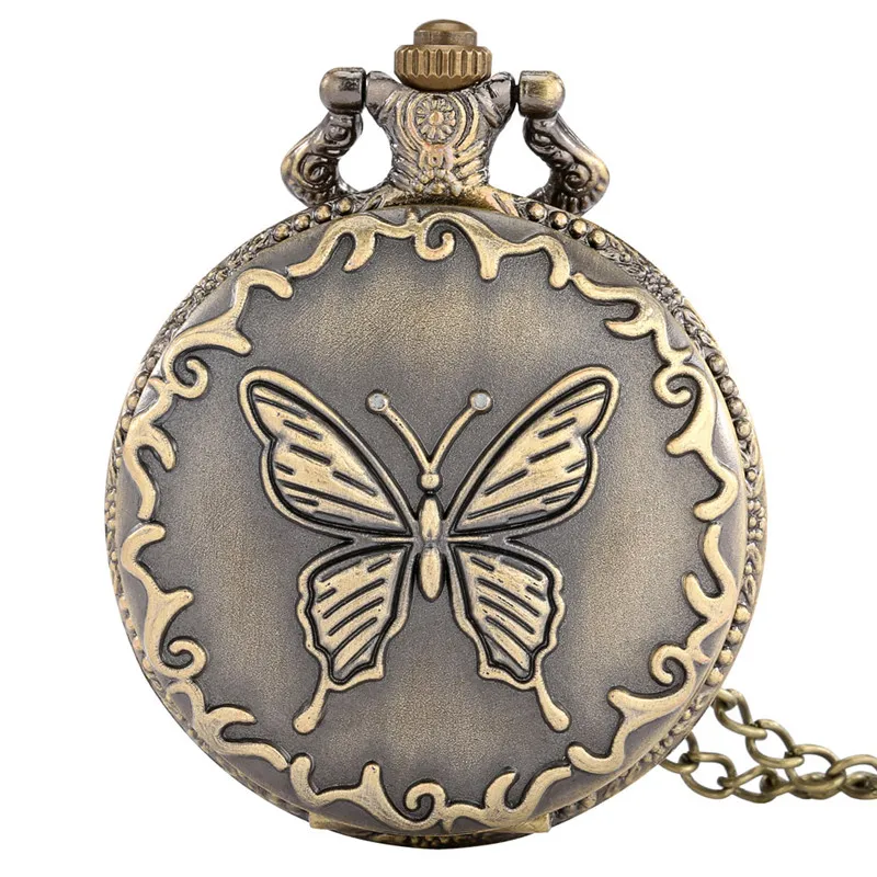 Стимпанк Дизайн бабочки Мужские женские кварцевые аналоговые карманные часы с арабским номером на циферблате Верхний подарок Подвесные часы для детей Ожерелье Chai2679